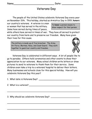 Veterans Day Reading Worksheet | Printable Grade 5 ELA