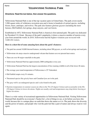 Grade 5 Yellowstone Park — Printable No-Prep Worksheet