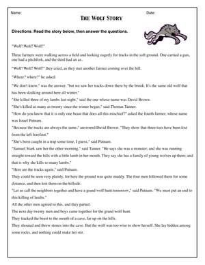 Printable Wolf Story Reading Worksheet | Grade 5-8
