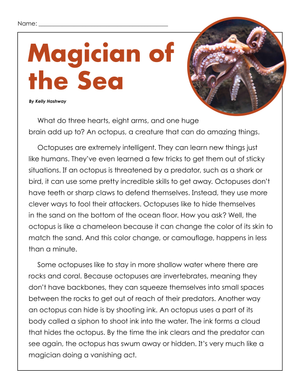 Grade 4 Octopus Reading Passage — Printable ELA