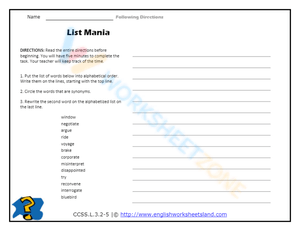 List Mania: Alphabetizing and Synonyms Worksheet