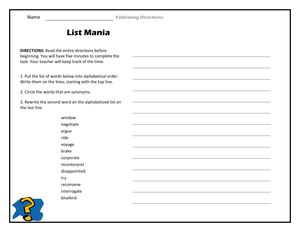 List Mania: Alphabetizing and Synonyms Worksheet