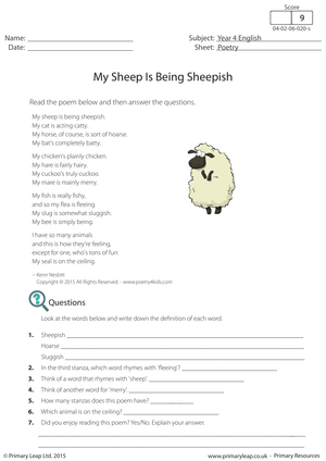 Grade 4 Poetry Analysis — Printable No-Prep Worksheet