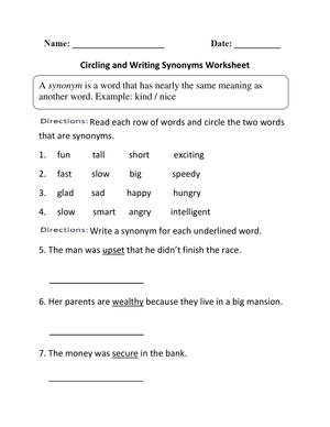 Printable Synonyms Worksheet | Grade 5-9 Vocabulary