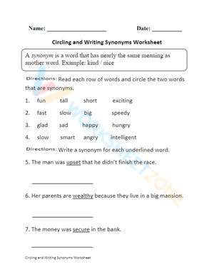 synonyms worksheet 10
