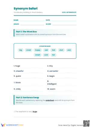 Printable Synonym Safari Worksheet | Grade 5-9 ELA