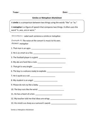 Understand Simile and Metaphor with Worksheet