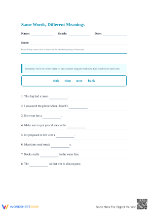 Multiple Meaning Words Worksheet | Grade 6-9 Essential
