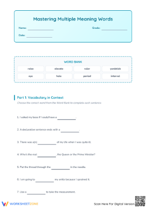 Essential Multiple Meaning Words Worksheet | Grade 6-9