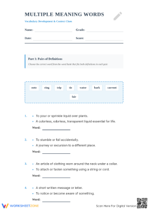 Multiple Meaning Words Worksheet | Grade 6-9 Essential