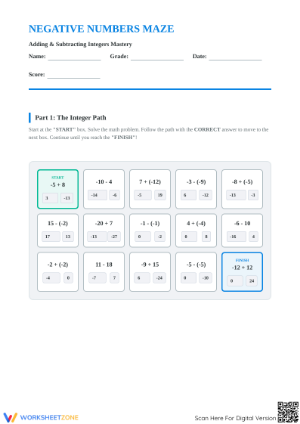 Exploring Negative Numbers Maze | Printable Grade 6 Math