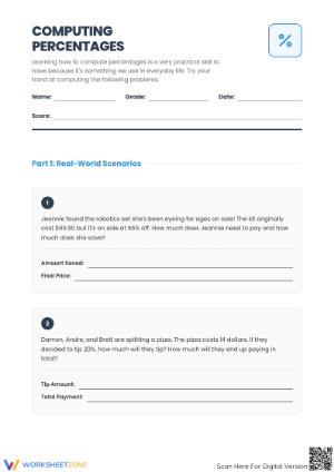 Printable Percentage Word Problems Worksheet | Grade 7 Math