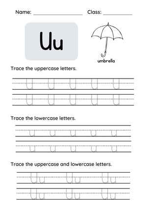 Letter U Tracing Worksheet — Printable Grade K