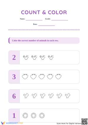 Essential Count & Color Animals Worksheet | Kindergarten