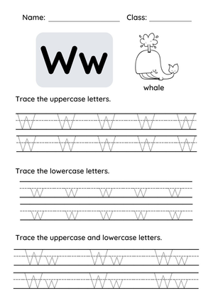 Letter W Tracing Worksheet | Grade K Printable