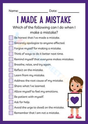 Social Emotional Learning SEL Worksheet for Kids - Dealing with Mistakes Printable