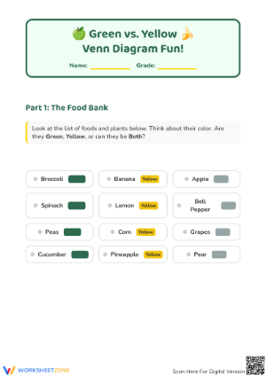 Green and Yellow Food Sorting Worksheet | Grade K Printable