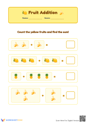 Grade K Yellow Fruit Addition — Printable No-Prep Worksheet