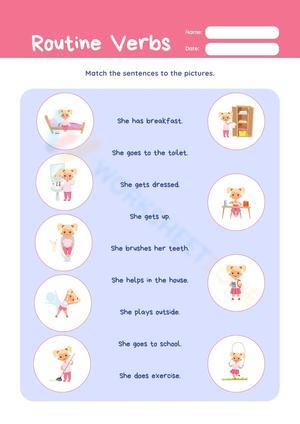 Routine Verbs Kids Matching Worksheet