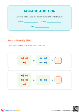 Printable Kindergarten Aquatic Addition Math Worksheet