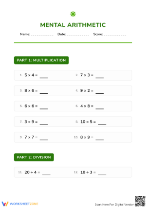Printable Mental Arithmetic Worksheet | Grade 3 Maths Facts