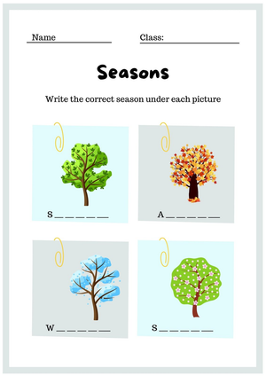 Grade 1 Seasons Vocabulary — Printable No-Prep Worksheet