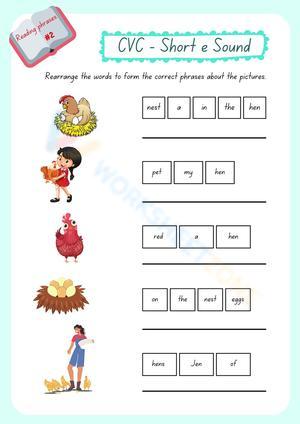 Easy Reading Phrases with Short e Sound Worksheet