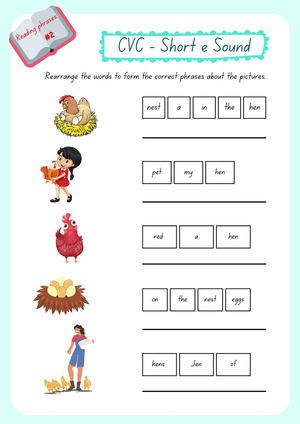 Grade 1 Short E CVC Phrases — Printable No-Prep Worksheet