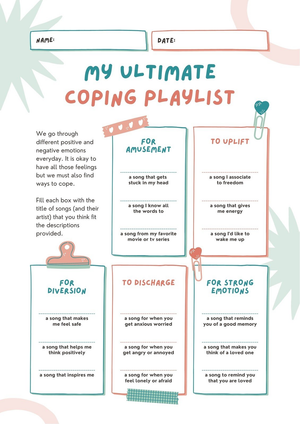 Coping Playlist SEL Worksheet | Grade 8 Printable