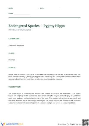Pygmy Hippo Reading Worksheet | Grade 7 Essential