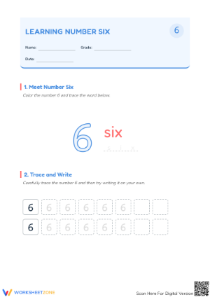 Number Six Worksheet | Essential Grade K-1 Math Printable