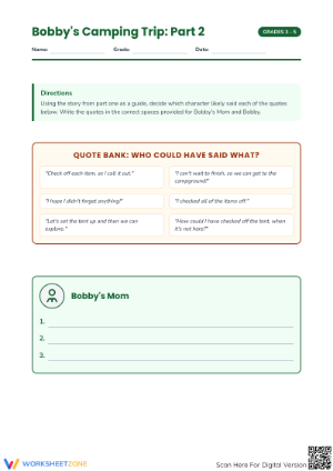 Bobby's Camping Trip Part 2: Essential Reading Worksheet