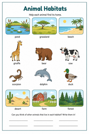 Grade 2 Animal Habitats — Printable No-Prep Worksheet