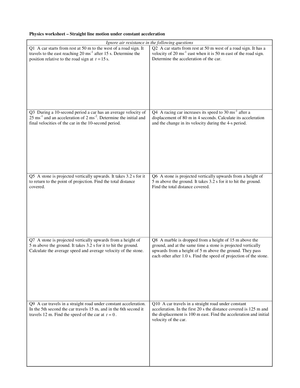 Printable Kinematics Worksheet | Grade 9-12 Physics