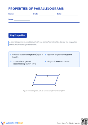 Printable Parallelogram Properties Worksheet | Grade 8