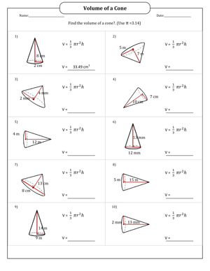 Calculating Volume of Cones Worksheet