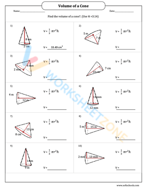 Calculating Volume of Cones Worksheet