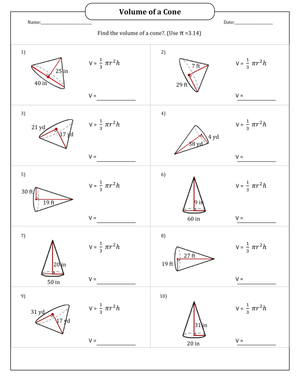 Volume of a Cone Worksheet