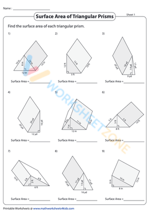 Surface Area of Triangular Prisms Worksheet
