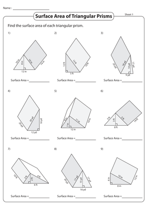 Surface Area of Triangular Prisms Worksheet