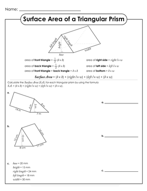 Triangular Prism Surface Area Worksheet