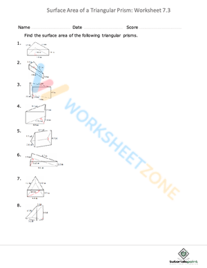 Surface Area of Triangular Prisms Worksheet