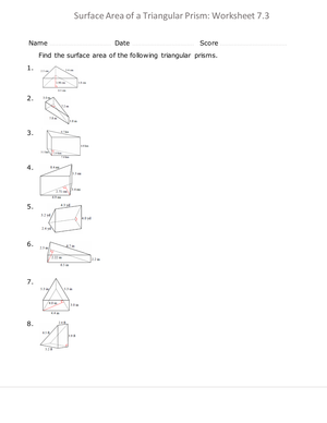 Surface Area of Triangular Prisms Worksheet