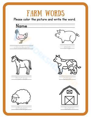 Printable Farm Word Tracing Worksheet | Grade K