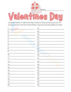 Valentine Day Word List