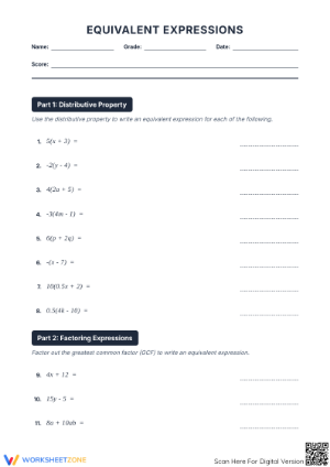 Equivalent Expressions Worksheet | Grade 8-10 Essential