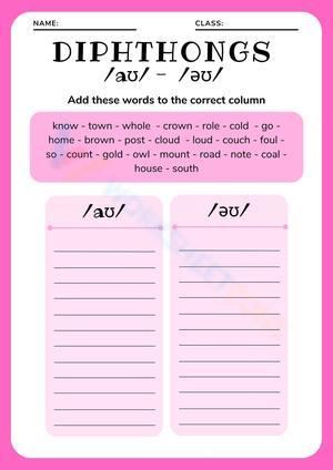 Pink Pronunciation of Diphthongs /aʊ/ /əʊ/ Worksheet