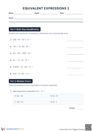 Essential Equivalent Expressions Worksheet | Grade 8-10