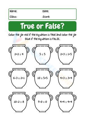 Printable True or False Equations Grade 1 Math Worksheet
