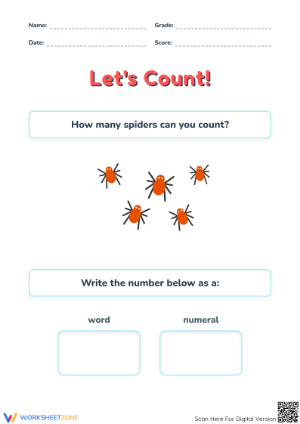 Printable Let's Count Spider & Ladybug Worksheet | Grade K